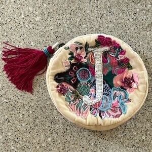 Anna Harlow Russo X Anthropologie Beaded Embroidered Monogram J Round Pouch Bag